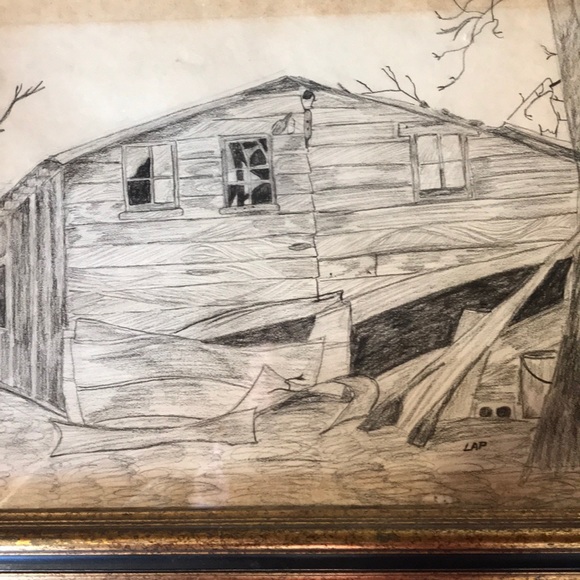 “Old Shack” pencil drawing Framed under glass -signed LAP - Picture 2 of 3